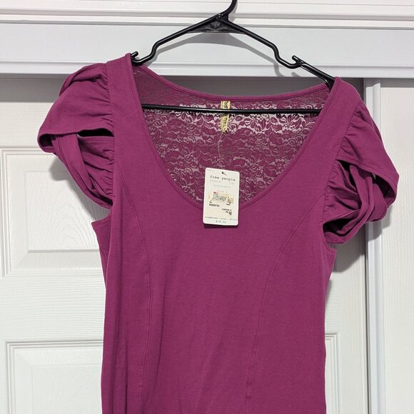 Free People Size Large Magenta Mini Dress Lace Back Puff Sleeve - Picture 1 of 5
